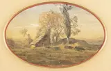 Buron en Auvergne avec bosquet d'arbres Circa 1839 by François-Auguste Ravier, Aquarelle sur papier inscrite dans un ovale, sold Jun 2023
