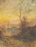 Vue sur Crémieu au couchant depuis Champrofond by François-Auguste Ravier, Aquarelle sur papier, sold Jun 2023