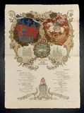 Menu du dîner donné par la Municipalité de Moscou en l'honneur des délégués français le 31 janvier 1912. Moscou, Société A.A. Levenson, 1912. - 44,5 x 31 cm by Serge Ivanovitch Yagoujinsky, Lithographie en couleurs d'après Serge Yagoujinsky, sold Nov 2014