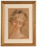 Portrait de femme mélancolique by François Boucher, Pierre noire et estompe, sanguine, rehauts de craie blanche sur papier beige, sold Oct 2024