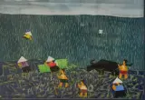 Rizière animée de personnages et d'un buffle, 99 by Quach Dong Phuong, Pastel, encre et gouache sur papier beige, sold Jan 2024