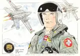 Dan Cooper - Armée de l'Air Suisse by Albert Weinberg, Aquarelle sur papier pour ce portrait de Dan Cooper avec la double cocarde helvético-canad, sold May 2024