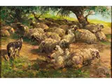 Schafherde auf der Rast by Georg Wolf, oil on panel, offered Jun 2024