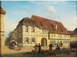 Sonnenbeschienenes Städtchen mit Marktplatz by Albert Schwendy, oil on panel, offered Jun 2024