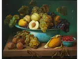 Früchtestillleben mit Fayencen by Carl Leopold Voss, 1856 – 1921 München, oil on panel, offered Jun 2019