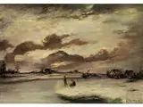 Winterlandschaft mit Häusern und Figuren bei Abendlichem Tauwetter by Ludvig Munthe, oil on canvas, offered Dec 2015