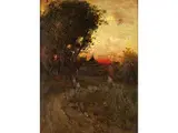 Blick vom Waldrand auf Gebäude im Sonnenuntergangslicht mit Figurenstaffage by Gustav Heinrich Wolff, oil on canvas, offered Apr 2016