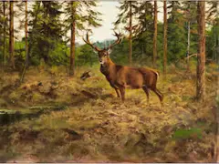 Kapitalhirsch auf Waldlichtung by George Majewicz, oil on canvas, offered Mar 2024