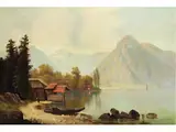 Alpensee mit Bootshäusern und am Ufer Liegendem Kahn by Johann Jungblut, 1860 Saarburg – 1912 Düsseldorf, oil on canvas, sold Jun 2019