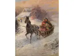Fröhliche Schlittenfahrt by Gustav Prucha, oil on canvas, offered Dec 2024