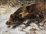 Wildschweine in Winterlandschaft by Willi Lorenz, oil on canvas, offered Mar 2025