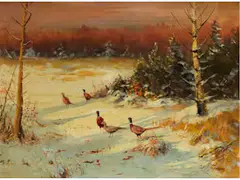 Fasane in der Winterabendsonne by Willy Lorenz, oil on canvas, offered Dec 2024