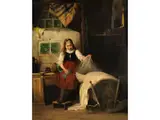 Mädchen an Einer Wiege by August Müller, 1836 Rottweil – 1885 München, oil on canvas, sold Sep 2020