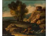 Felslandschaft mit Bach und Gebäuden by Genaro Pérez Villaamil, oil, offered Apr 2016