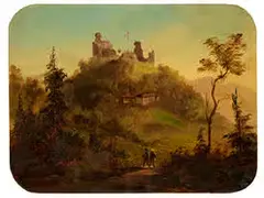 Hügelige Landschaft mit Ruine by Julius Lange, oil on board, sold Jul 2018