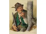 Mann mit Pfeife und Flinte an Einem Baumstamm by Peter Krämer, watercolor, offered Sep 2024