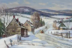 Winter in the Laurentians, St. Sauveur by Joseph Giunta, 1949, oil on board, sold Oct 2021