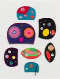 Ovoid Felts by Charlene Vickers, watercolour, paper, shell buttons, glass beads on felt with embroidery edges, sold Aug 2021