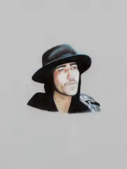 Justin Bobby with Hood and Hat by Karin Bubaš, chalk pastel on paper, sold Feb 2021