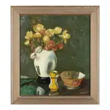 Still Life with Flowers and Ceramics by R. Chandler, Oil on canvas, sold Feb 2024