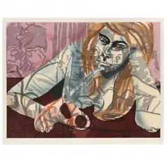 Portrait with Scissors and Nightclub by David Salle, Woodcut in colors on wove paper, sold Feb 2024