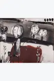 Quatre personnages dans un paysage by Yannis Gaïtis, 1965, Huile et gouache sur toile, sold Oct 2024