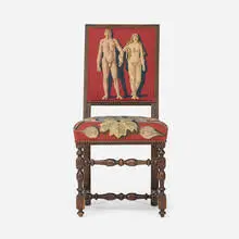 Needlepoint Upholstered Late 18th/Early 19th c. Chair by George Platt Lynes and Jared French, 1940-41, needlepoint upholstery, oak, tacks, sold May 2026