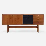 Cabinet by Gerald Luss, c. 1960, walnut, lacquered wood, nickel-plated brass, sold Oct 2022