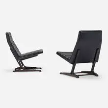 Cantilever lounge chairs model 480, pair by Roger Sprunger, c. 1960, leather, mahogany, sold Oct 2022