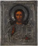 Russisch, um 1900 by Christus Pantokrator mit Silberoklad, tempera, offered Dec 2016