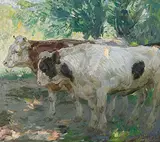 Zwei Jungstiere im Schatten eines Baumes by Hodel, Ernst Ii., oil on canvas, offered Dec 2016