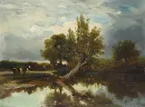Landschaft mit Teich und Kühen by Frankreich, Mitte 19.Jh., oil on board, offered Sep 2016