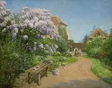 Garten mit blühendem Flieder, im Hintergrund ein Mann mit zwei Kindern bei der Gartenarbeit by Peder Mork Mønstedt, 1910, oil on canvas, sold Sep 2016