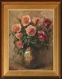 Still Life with Pink Roses by Titta Fasciotti, oil on board, sold Sep 2025