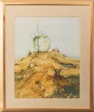 Surrealist Landscape Scene with Goldfish Bowl by John Ridgewell, Mixed Media on Paper, sold Mar 2025