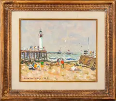 Plage Trouville" [Trouville Beach] by Jacques Bouyssou, Oil on Canvas, sold Apr 2025