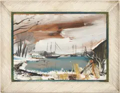 Winter Harbor Scene by Rudolf Jacobi, gouache on paper, sold Jan 2024