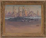 NYC Skyline by Enrico Vannotti, oil on canvas board, sold Jan 2024