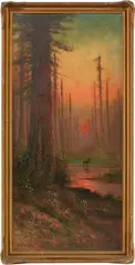 Cooper , California Redwoods Landscape w/ Deer by A. D. M. Cooper, oil on canvas, sold Jan 2024