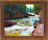 Western Landscape, Glacier National Park by Wilma Lucile Van Slyck, oil on panel, sold Jan 2024