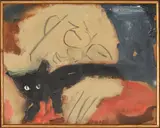 Self Portrait with Cat by Sterling Strauser, oil on board, sold Jan 2024