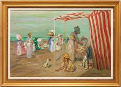 Beach Scene by Jacques Deveau, oil on canvas, sold Oct 2023