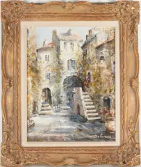 Eze Village by Lucien Delarue, 1969, oil on canvas, sold Oct 2023