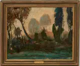 Modernist Landscape by James G. Bailey, 1929, oil on canvas, sold Oct 2023