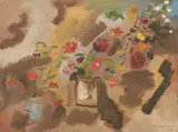 Still Life with Three Vases by Sterling Strauser, 1942, oil on canvas board, sold Jul 2023