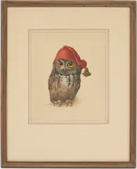 Screech Owl with Red Cap by Werner Wildner, watercolor and gouache, sold Jul 2023