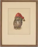 Screech Owl with Red Cap by Werner Wildner, watercolor and gouache, sold Jul 2023