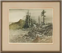 Landscape , Trees Under a Foggy Sky by Walter Hollis Stevens, watercolor, sold Jul 2023