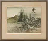 Landscape , Trees Under a Foggy Sky by Walter Hollis Stevens, watercolor, sold Jul 2023