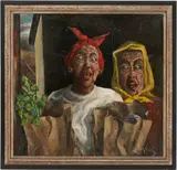 African American Women w/ Grocery Bags by Lewis C. Kesling, oil on board, sold Jul 2023